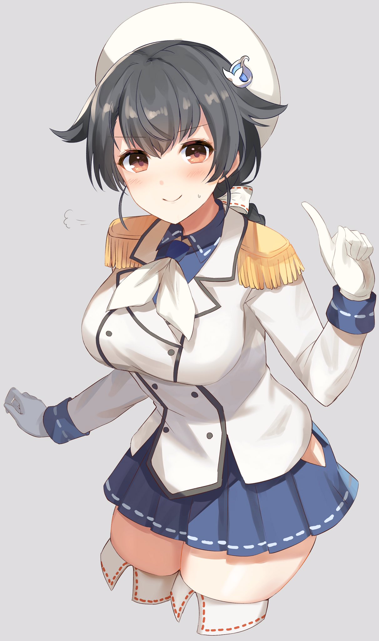 1girl alternate_costume bangs beret black_hair blue_skirt blush breasts buttons commentary_request cosplay cowboy_shot epaulettes eyebrows_visible_through_hair gloves hair_flaps hair_ornament hairclip hat highres jingei_(kantai_collection) kantai_collection kashima_(kantai_collection) kashima_(kantai_collection)_(cosplay) large_breasts long_hair long_sleeves looking_at_viewer low_ponytail military_jacket neckerchief pleated_skirt senbei_(senbe_i) simple_background skindentation skirt smile sweatdrop thigh-highs white_gloves white_legwear white_neckwear