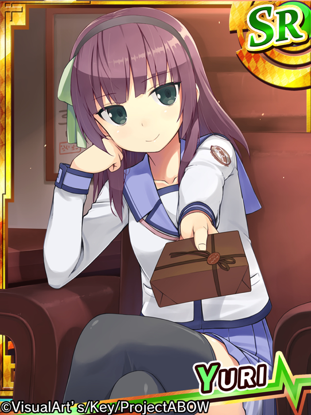 1girl angel_beats! artist_request bangs black_hairband black_legwear blunt_bangs bow bow_hairband breasts character_name closed_mouth collared_shirt commentary_request crossed_legs eyebrows_visible_through_hair gift green_eyes hair_bow hairband hand_on_own_cheek holding holding_gift long_hair long_sleeves miniskirt official_art pleated_skirt purple_hair shirt simple_background sitting skirt solo thigh-highs white_background yuri_(angel_beats!)