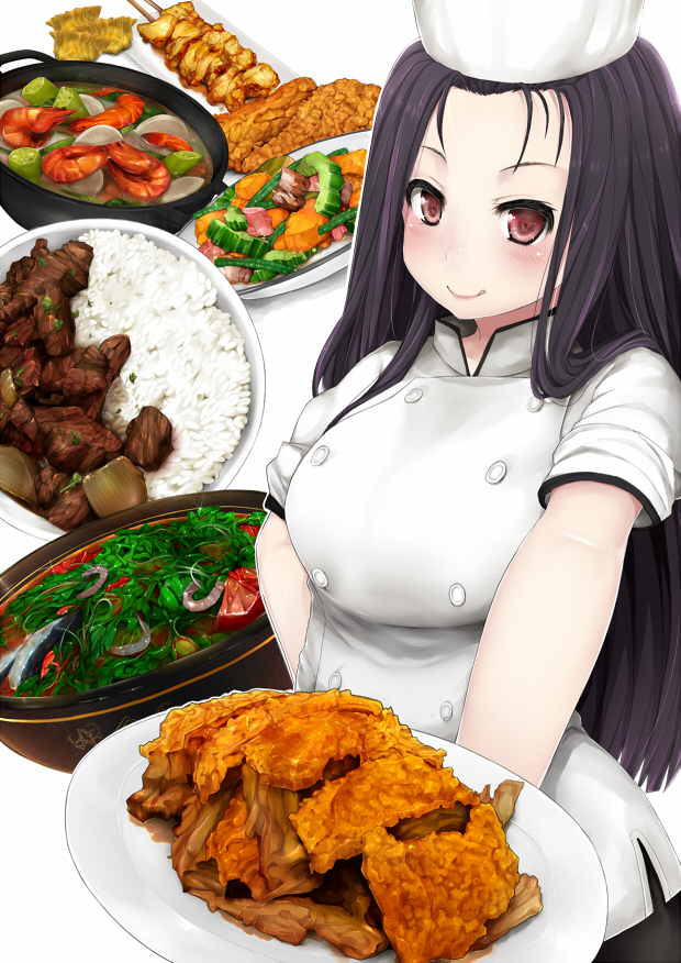 1girl :q beef blush bowl breasts carrot chef chef_hat chef_uniform chicken_(food) double-breasted fish food fried_chicken hair_flowing_over hat long_hair looking_at_viewer makanesque meat onion original plate pot projected_inset red_eyes rice_bowl salmon shrimp skewer sleeves_rolled_up smile solo tongue tongue_out upper_body vegetable white_background