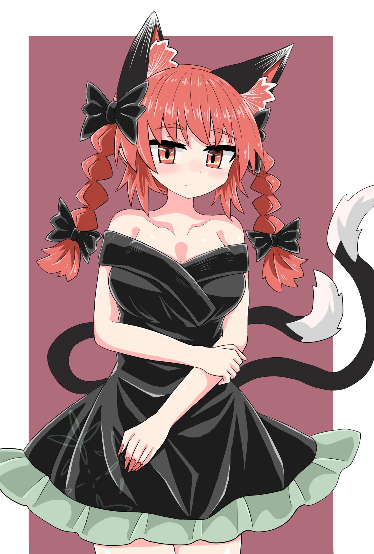 1girl alternate_costume animal_ears bangs black_bow black_dress black_tail bow braid breasts cat_ears cat_tail chups closed_mouth dress extra_ears eyebrows_visible_through_hair fingernails frilled_dress frills hair_bow highres holding_own_arm kaenbyou_rin long_fingernails looking_at_viewer medium_hair multiple_tails off-shoulder_dress off_shoulder red_eyes red_nails redhead simple_background solo tail touhou twin_braids two_tails