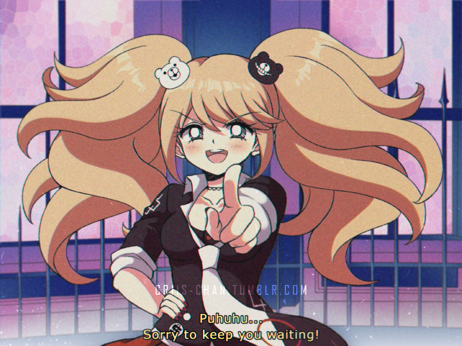 1990s_(style) 1girl :d artist_name bangs big_hair black_shirt blue_eyes breasts buttons choker collarbone collared_shirt commentary_request cosplay criis-chan dangan_ronpa disconnected_mouth emblem english_text enoshima_junko enoshima_junko_(cosplay) eyebrows_visible_through_hair fence film_grain gunma_prefectural_shibuya_high_school_(emblem) gunma_prefectural_shibuya_high_school_uniform hair_ornament hand_on_hip indoors mosaic necktie new_dangan_ronpa_v3 oldschool open_mouth parody pointing pointing_at_viewer red_nails school_emblem school_uniform shirogane_tsumugi shirt sidelocks sleeves_rolled_up smile solo spoilers stained_glass style_parody subtitled swept_bangs tumblr_username twintails upper_body upper_teeth v-shaped_eyebrows vhs_artifacts watermark web_address window