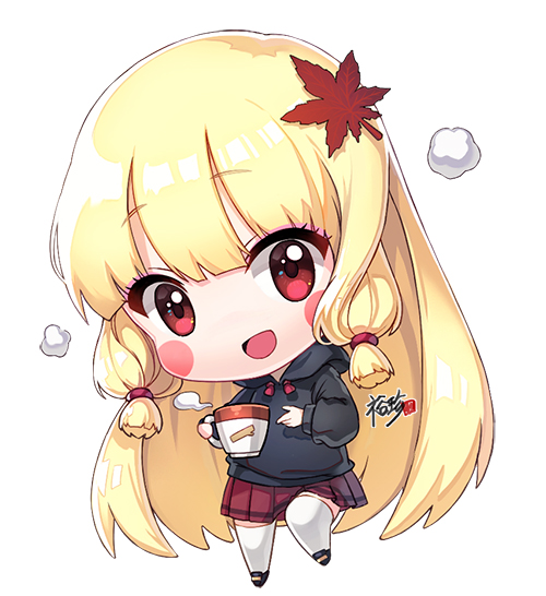 1girl :d autumn_leaves bangs black_footwear black_hoodie blonde_hair blush_stickers chibi commentary_request commission cup drawstring eyebrows_visible_through_hair full_body hair_ornament holding holding_cup hood hood_down hoodie kyjsogom leaf leaf_hair_ornament long_hair long_sleeves maple_leaf open_mouth original pleated_skirt red_eyes red_skirt sidelocks simple_background skirt smile solo standing standing_on_one_leg steam thigh-highs very_long_hair white_background white_legwear