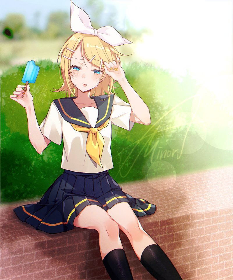 1girl artist_name asagao_minoru black_legwear black_serafuku blonde_hair blue_eyes blurry blurry_background blush bow brick_wall collarbone depth_of_field food grass hair_bow hair_ornament hairclip holding holding_food kagamine_rin knees lens_flare neckerchief pleated_skirt popsicle sailor_collar school_uniform serafuku short_hair short_sleeves signature sitting skirt socks solo sweat tongue tongue_out vocaloid white_bow yellow_nails yellow_neckwear