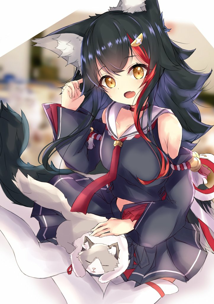 1girl animal_ear_fluff animal_ears bangs bare_shoulders black_hair black_shirt black_skirt black_sleeves blurry blurry_background blush cat commentary_request detached_sleeves eyebrows_visible_through_hair fang hair_between_eyes hololive karappo_(poket12) long_hair looking_at_viewer multicolored_hair necktie ookami_mio open_mouth red_neckwear redhead shirt sidelocks sitting skin_fang skirt taiga_(ookami_mio) tail thigh-highs two-tone_hair virtual_youtuber white_legwear wolf_ears wolf_girl wolf_tail yellow_eyes yokozuwari