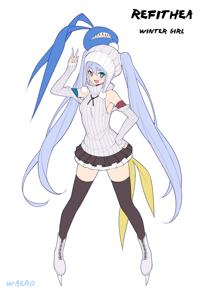 +_+ 1girl :d arm_up artist_name bangs bare_shoulders beanie black_legwear black_skirt blue_eyes blue_hair blush breasts brown_dust character_name commentary_request eyebrows_visible_through_hair full_body grey_headwear grey_sweater hair_between_eyes hand_on_hip hat heterochromia ice_skates layered_skirt long_hair long_sleeves looking_at_viewer miniskirt open_mouth pleated_skirt redhead refithea_(brown_dust) ribbed_sweater signature simple_background skates skirt sleeves_past_wrists small_breasts smile solo standing standing_on_one_leg sweater thigh-highs turtleneck turtleneck_sweater twintails very_long_hair w waero white_background white_footwear