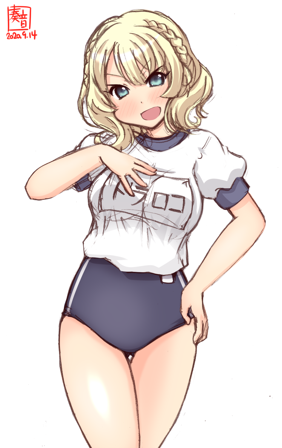 1girl alternate_costume artist_logo ass_visible_through_thighs blonde_hair blue_buruma blue_eyes blush breasts buruma colorado_(kantai_collection) commentary_request cowboy_shot dated gym_shirt gym_uniform hand_on_hip hand_on_own_chest highres kanon_(kurogane_knights) kantai_collection looking_at_viewer medium_breasts medium_hair name_tag open_mouth shirt short_sleeves side_braids signature simple_background smile solo white_background white_shirt