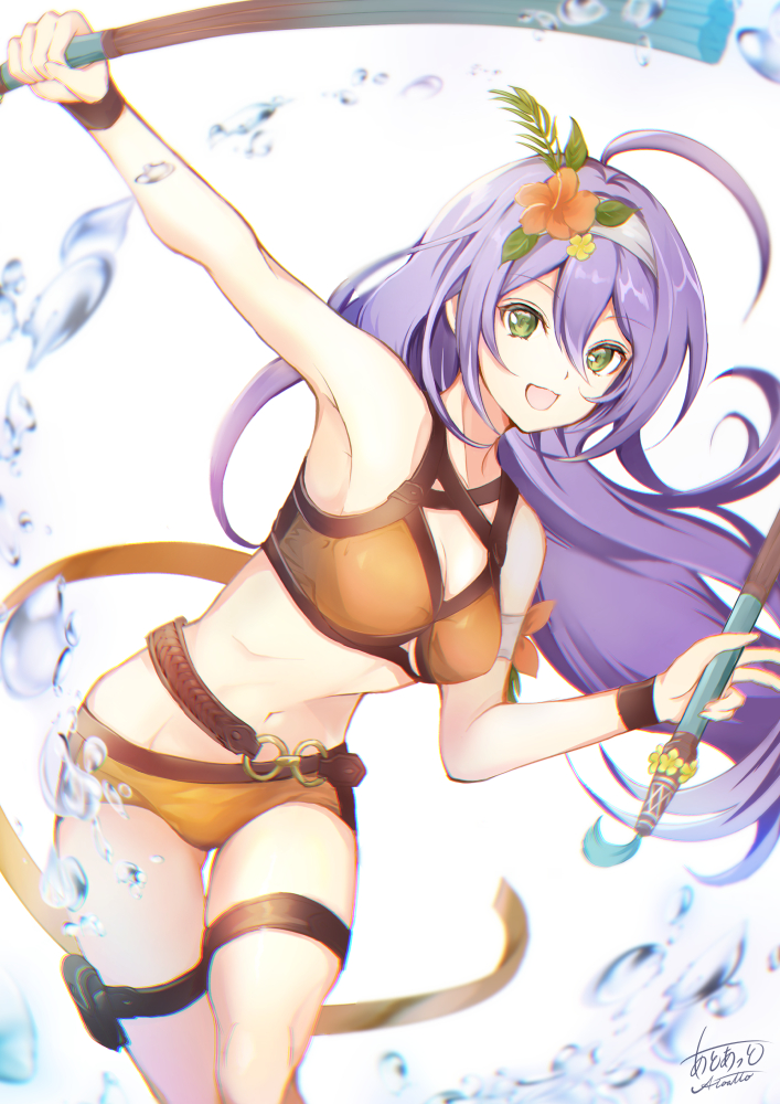 1girl atoatto bikini blue_hair fire_emblem fire_emblem:_radiant_dawn fire_emblem_heroes flower green_eyes hair_flower hair_ornament hairband holding long_hair mia_(fire_emblem) open_mouth orange_bikini signature simple_background solo swimsuit thigh_strap white_background white_hairband