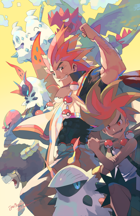 2boys accelgor alder_(pokemon) arm_hair arm_up bare_arms benga_(pokemon) bouffalant commentary druddigon ege_(597100016) gen_5_pokemon grandfather_and_grandson knees larvesta looking_at_viewer multicolored_hair multiple_boys orange_hair poke_ball poke_ball_(basic) pokemon pokemon_(creature) pokemon_(game) pokemon_bw2 poncho red_eyes redhead signature spiky_hair teeth two-tone_hair vanilluxe volcarona watermark