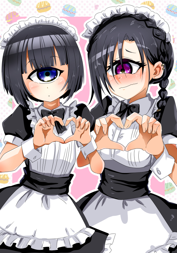 2girls alternate_costume black_hair blue_eyes blush braid cowboy_shot crossover cyclops ear_piercing enmaided eyebrows_visible_through_hair heart heart_hands houshi maid manako meme_redon monster_musume_no_iru_nichijou monster_musume_no_oisha-san multiple_girls one-eyed piercing short_hair side_braid trait_connection violet_eyes wrist_cuffs