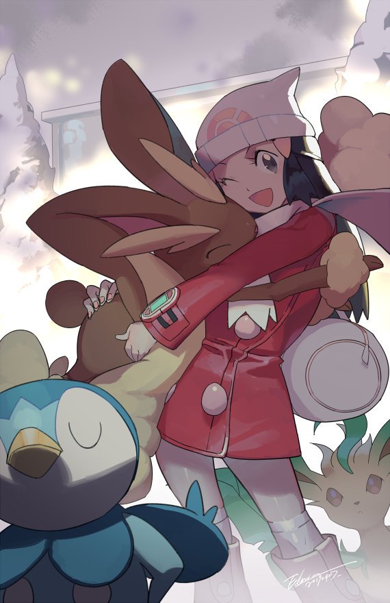1girl :d bag beanie black_hair boots closed_eyes coat commentary hikari_(pokemon) duffel_bag ege_(597100016) eyelashes gen_4_pokemon grey_eyes hair_ornament hairclip hat hug leafeon long_hair long_sleeves looking_at_viewer lopunny nail_polish open_mouth over-kneehighs pink_nails piplup pokemon pokemon_(creature) pokemon_(game) pokemon_dppt pokemon_platinum red_coat scarf signature smile thigh-highs white_headwear white_legwear white_scarf