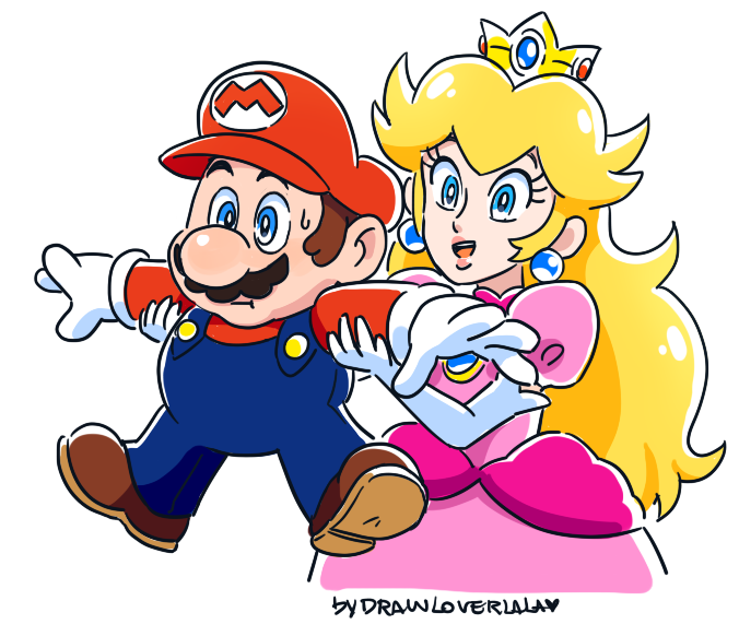 1boy 1girl blonde_hair blue_eyes boots brown_hair crown drawloverlala dress earrings elbow_gloves gem gloves hat holding_arm human_shield jewelry mario super_mario_bros. overalls pink_dress princess_peach red_shirt shirt shoulder_pads simple_background super_mario_bros. upper_body white_background white_gloves