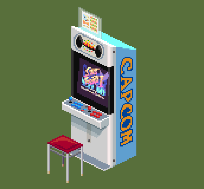 arcade_cabinet capcom company_name controller copyright_name green_background joystick logo mui_(muilog3) no_humans pixel_art stool street_fighter street_fighter_ii_(series) title_screen