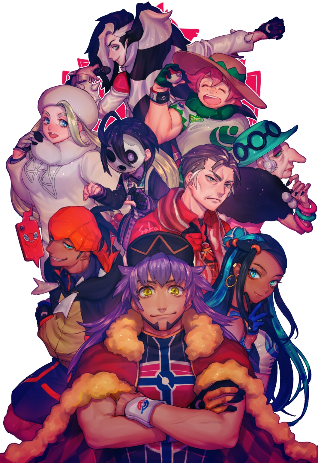 3girls 6+boys ahoge allister_(pokemon) bangle baseball_cap beige_headwear black_hair black_hoodie blue_eyes blue_eyeshadow bracelet collared_shirt commentary_request crossed_arms dark_skin dark_skinned_male dynamax_band earrings eyeshadow facial_hair freckles gen_4_pokemon gloves green_headwear gym_leader hair_bun hat highres holding holding_poke_ball hoop_earrings jacket jewelry kabu_(pokemon) leon_(pokemon) long_hair long_sleeves makeup mask melony_(pokemon) milo_(pokemon) multicolored_hair multiple_boys multiple_girls nessa_(pokemon) old_woman opal_(pokemon) open_mouth piers_(pokemon) pink_hair poke_ball poke_ball_(basic) pokemon pokemon_(game) pokemon_swsh purple_eyeshadow purple_hair purple_scarf raihan_(pokemon) rotom rotom_phone sakai_(motomei) scarf shirt short_sleeves shorts single_glove smile sun_hat suspender_shorts suspenders sweater towel towel_around_neck two-tone_hair violet_eyes white_hair white_headwear white_jacket white_scarf white_sweater yellow_eyes