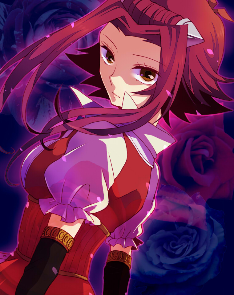 1girl black_gloves blue_background blue_flower blue_rose breasts brown_eyes closed_mouth elbow_gloves floating_hair flower from_side gloves hair_intakes izayoi_aki looking_at_viewer medium_breasts mikami_(mkm0v0) purple_shirt redhead rose shiny shiny_hair shirt short_hair_with_long_locks short_sleeves sidelocks solo yuu-gi-ou yuu-gi-ou_5d's