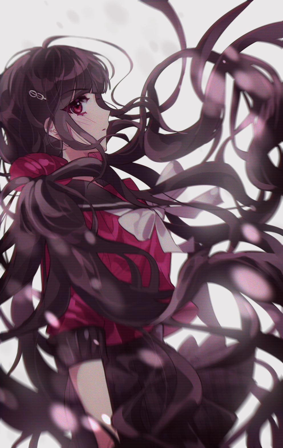 1girl bangs black_hair black_skirt blunt_bangs blurry blush bow commentary_request dangan_ronpa depth_of_field eyebrows_visible_through_hair floating_hair hair_ornament hairclip harukawa_maki highres long_hair long_sleeves looking_at_viewer lovely_ummm low_twintails messy_hair new_dangan_ronpa_v3 plaid plaid_skirt pleated_skirt red_eyes red_scrunchie red_shirt school_uniform scrunchie serafuku shirt skirt sleeves_past_elbows solo twintails very_long_hair