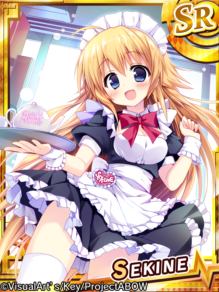 1girl ahoge angel_beats! arm_up artist_request bangs blonde_hair blue_eyes bonnet breasts character_name eyebrows_visible_through_hair holding long_hair looking_at_viewer maid official_art open_mouth sekine wrist_cuffs
