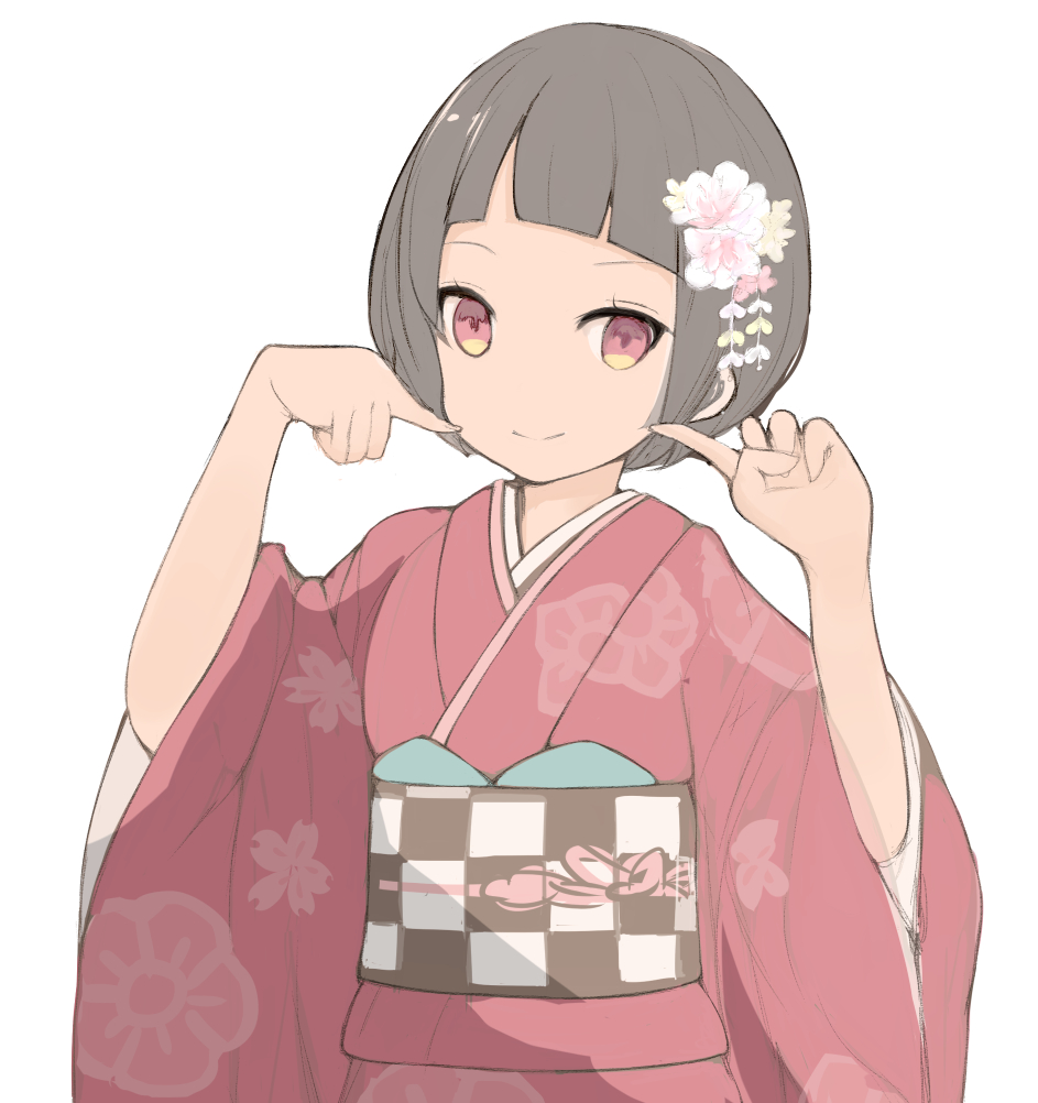 1girl bangs black_hair blunt_bangs brown_eyes character_request copyright_request flower hair_flower hair_ornament hands_up japanese_clothes kaede_do kimono obi pointing pointing_at_self red_kimono sash short_hair simple_background solo standing upper_body white_background wide_sleeves