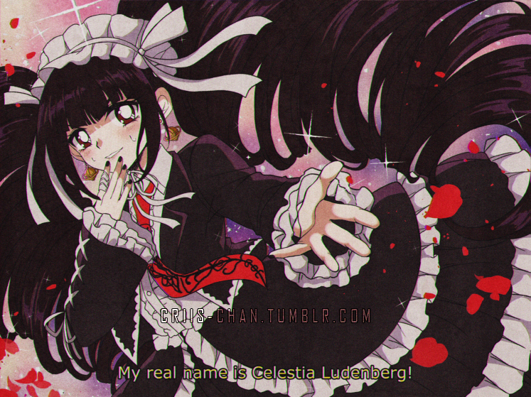 1990s_(style) 1girl artist_name bell_sleeves big_hair black_dress black_hair black_nails blush celestia_ludenberck commentary criis-chan dangan_ronpa dangan_ronpa_1 dress drill_hair dutch_angle earrings english_commentary film_grain frilled_dress frilled_hairband frills gothic_lolita hairband hand_on_own_face jewelry layered_dress lolita_fashion neck_ribbon necktie oldschool outstretched_hand petals red_eyes red_neckwear ribbon shaded_face shirt sidelocks solo sparkle spoilers sweat tumblr_username v-shaped_eyebrows vhs_artifacts watermark web_address white_hairband white_neckwear white_ribbon white_shirt