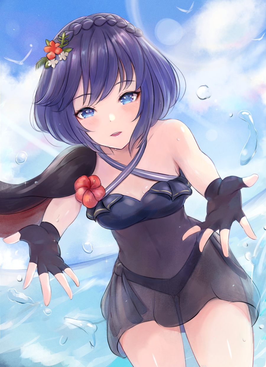 1girl bare_shoulders bird black_gloves black_swimsuit blue_eyes blue_hair blush braid casual_one-piece_swimsuit clouds cloudy_sky collarbone cowboy_shot criss-cross_halter crown_braid day dutch_angle fingerless_gloves fire_emblem fire_emblem_awakening fire_emblem_heroes fisheye flower gloves hair_flower hair_ornament halterneck highres leonmandala lucina lucina_(fire_emblem) one-piece_swimsuit outdoors outstretched_arms parted_lips red_flower see-through short_hair sky smile solo splashing swimsuit symbol_in_eye water