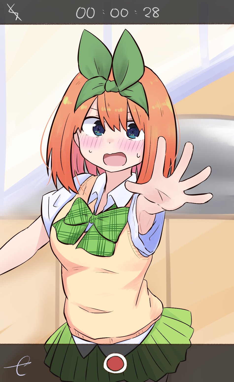 1girl bangs blue_eyes blush bow breasts collared_shirt commentary_request day eyebrows_behind_hair go-toubun_no_hanayome green_bow green_ribbon green_skirt hair_between_eyes hair_ribbon highres indoors kujou_karasuma looking_at_viewer medium_breasts nakano_yotsuba open_mouth orange_hair outstretched_arm pleated_skirt reaching_out ribbon shirt short_sleeves skirt solo standing sunlight sweat sweater_vest wavy_mouth white_shirt window