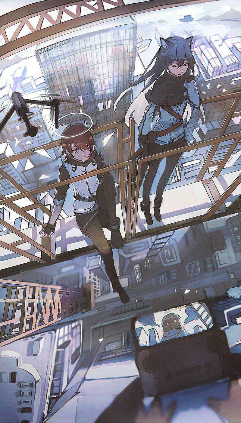 2girls angel angel_wings animal_ears arknights car city cityscape controller drone exusiai_(arknights) ground_vehicle highres ladder lococo:p motor_vehicle multiple_girls remote_control screen sitting standing tail texas_(arknights) wings