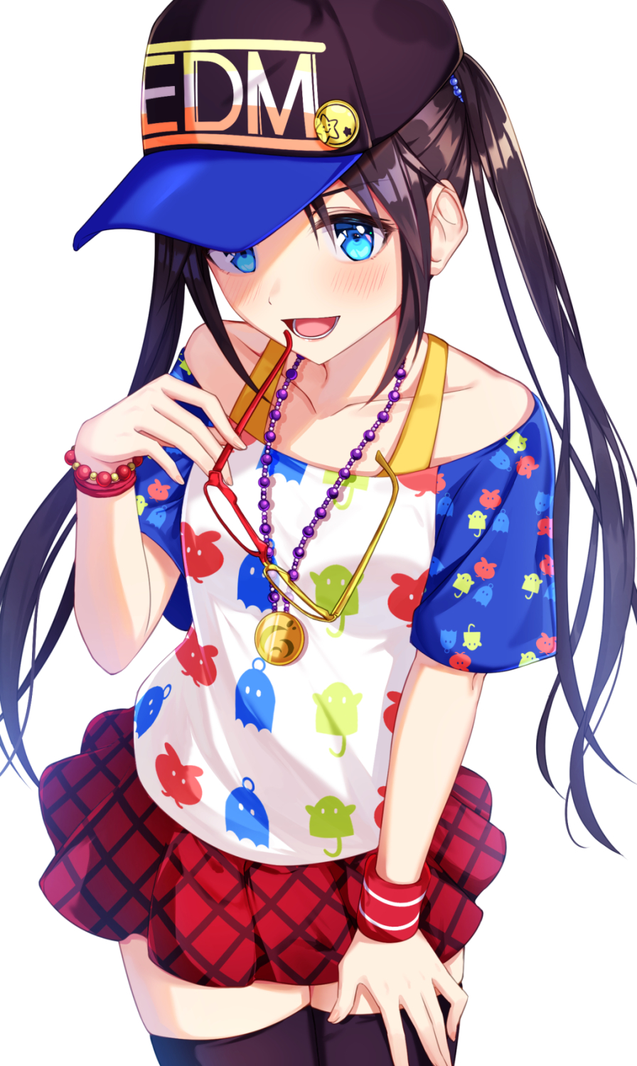 1girl :d badge baseball_cap black_legwear blue_eyes blush bracelet button_badge clothes_writing collarbone commentary_request eyewear_removed glasses hachinatsu hand_on_thigh hat highres holding holding_eyewear idolmaster idolmaster_shiny_colors jewelry long_hair looking_at_viewer miniskirt mitsumine_yuika open_mouth pendant print_shirt red-framed_eyewear red_skirt shirt sidelocks simple_background skirt smile solo sweatband thigh-highs twintails white_background