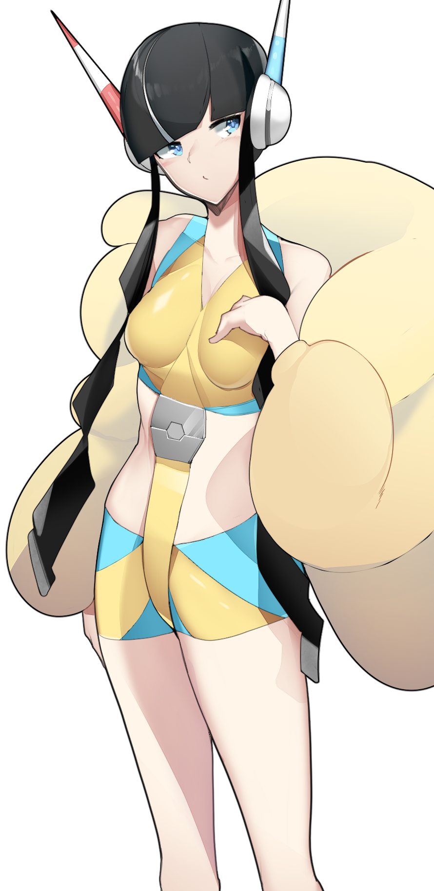 1girl arm_at_side bangs bare_shoulders bike_shorts black_hair blue_eyes blunt_bangs breasts closed_mouth coat collarbone commentary_request elesa_(pokemon) fur_coat hand_up headphones highres looking_to_the_side pokemon pokemon_(game) pokemon_bw2 shiny shiny_hair short_hair_with_long_locks solo white_background yellow_coat yuuyuu_(yuuki1771)