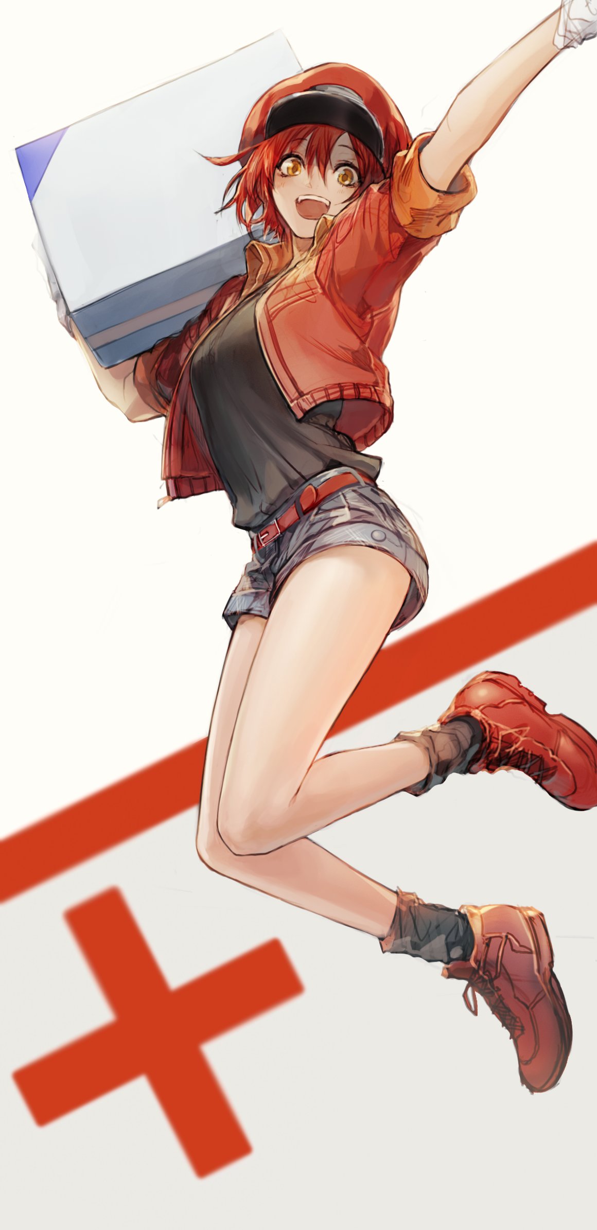 1girl :d ae-3803 arm_up bangs black_legwear black_shirt box cabbie_hat eyebrows_visible_through_hair full_body gloves haban_(haban35) hair_between_eyes hat hataraku_saibou highres holding holding_box jacket jumping looking_at_viewer open_mouth red_blood_cell_(hataraku_saibou) red_cross red_footwear red_headwear red_jacket redhead shirt shoes short_hair short_shorts shorts simple_background sleeves_rolled_up smile socks solo white_background white_gloves yellow_eyes