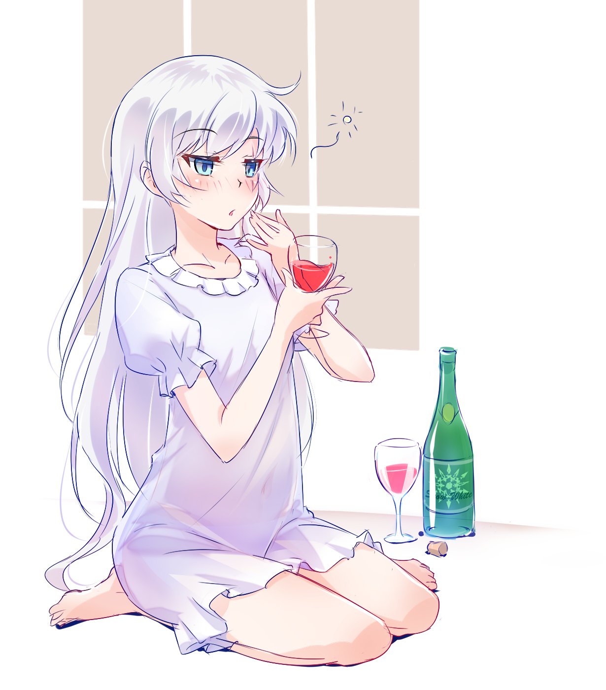 1girl alcohol alternate_hairstyle blue_eyes bottle cork covered_navel cup drinking_glass hair_down highres iesupa long_hair red_wine rwby scar scar_across_eye sleepwear solo tipsy weiss_schnee white_hair wine wine_bottle wine_glass