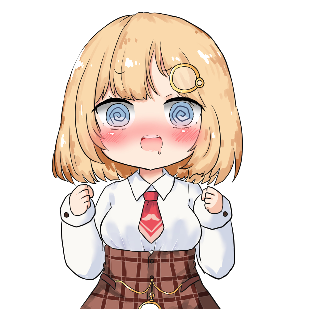 1girl :d @_@ bailingxiao_jiu bangs blonde_hair blue_eyes breasts brown_skirt collared_shirt drooling eyebrows_visible_through_hair hair_ornament hands_up high-waist_skirt hololive hololive_english long_sleeves looking_at_viewer medium_breasts mouth_drool necktie open_mouth plaid plaid_skirt pocket_watch red_neckwear shirt short_necktie simple_background skirt sleeves_past_wrists smile solo upper_teeth virtual_youtuber watch watson_amelia white_background white_shirt