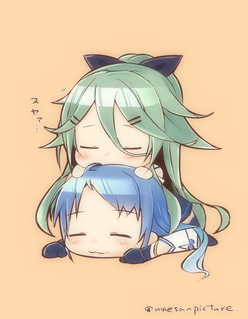 2girls :3 bangs blue_hair chibi closed_eyes commentary_request eyebrows_visible_through_hair flying_sweatdrops girl_on_top gloves gradient_hair green_hair hair_ornament hair_ribbon hairclip kantai_collection long_hair lying mae_(maesanpicture) multicolored_hair multiple_girls numbered on_stomach orange_background ribbon samidare_(kantai_collection) simple_background skirt sleeping swept_bangs thigh-highs twitter_username yamakaze_(kantai_collection)