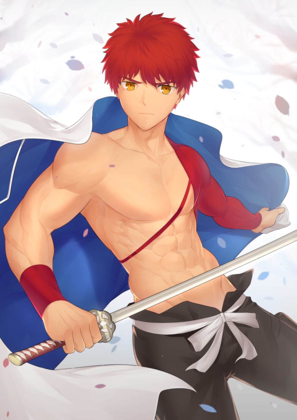 1boy abs bara cape chest emiya_shirou fate/grand_order fate_(series) highres holding igote japanese_clothes jian_biao_dashii_kaede katana male_focus muscle open_pants orange_hair pants pectorals petals sengo_muramasa_(fate) short_hair single_sleeve solo sword weapon yellow_eyes