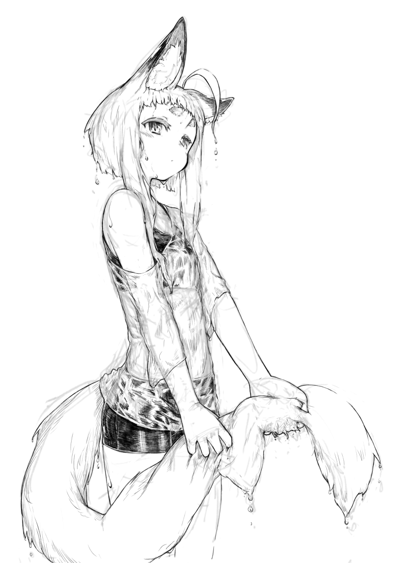 1girl ahoge animal_ear_fluff animal_ears bike_shorts fox_ears fox_girl fox_tail greyscale hikimayu jaco monochrome off_shoulder original see-through short_shorts shorts solo tail thick_eyebrows wet wet_clothes wet_hair white_background wringing