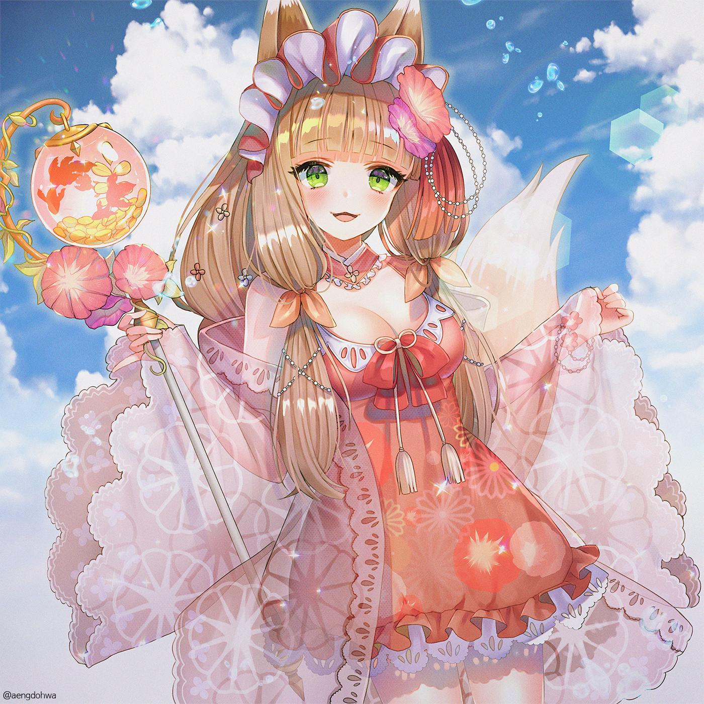 1girl :3 :d animal_ear_fluff animal_ears bangs blush bonnet breasts brown_hair day dress eyebrows_visible_through_hair flower green_eyes hair_flower hair_ornament hanato_(seonoaiko) highres holding holding_staff long_hair long_sleeves looking_at_viewer maho_(princess_connect!) open_mouth outdoors pinky_out princess_connect! princess_connect!_re:dive smile solo staff swimsuit tail very_long_hair wide_sleeves