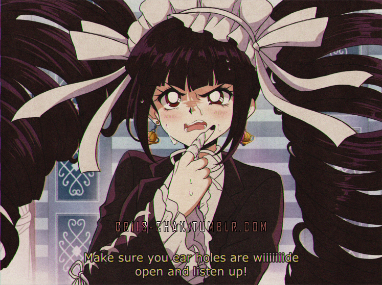1990s_(style) 1girl artist_name bangs bell_sleeves big_hair black_hair black_jacket black_nails blazer blunt_bangs blush celestia_ludenberck center_frills collared_shirt criis-chan dangan_ronpa dangan_ronpa_1 drill_hair earrings english_commentary english_text frilled_sleeves frills hair_ribbon jacket jewelry lace-up_sleeves lapel long_hair neck_ribbon oldschool open_mouth pointing pointing_up ribbon ring shaded_face shirt sidelocks spoilers subtitled sweat teeth tumblr_username twintails v-shaped_eyebrows vhs_artifacts watermark weapon web_address white_neckwear white_ribbon white_shirt wing_collar