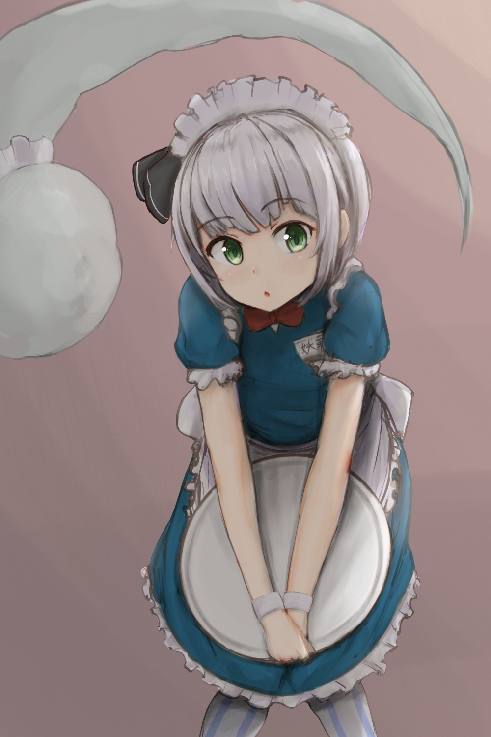 1girl green_eyes highres konpaku_youmu kubure maid maid_headdress name_tag pantyhose short_hair silver_hair simple_background solo touhou touhou_lost_word