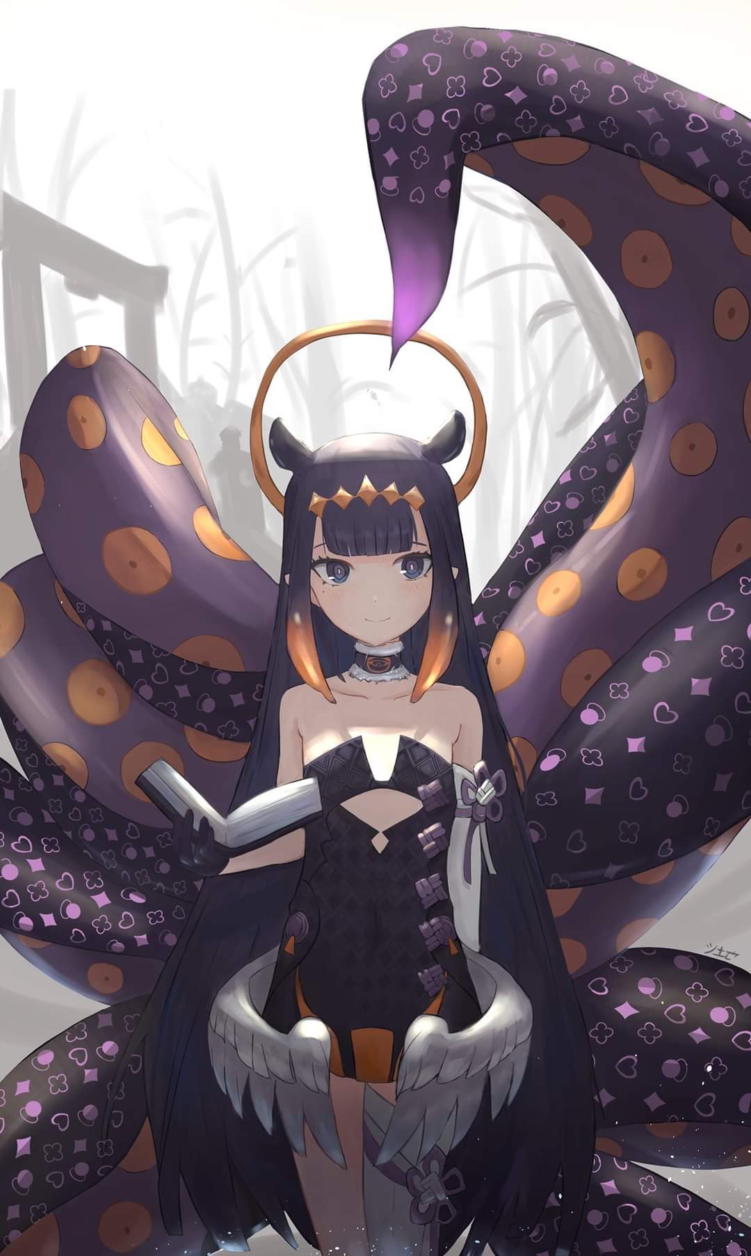 1girl architecture artsjeze asymmetrical_legwear bare_shoulders black_dress black_eyes black_gloves black_hair book breasts collarbone detached_sleeves dress east_asian_architecture feathered_wings fur_collar gloves halo highres holding holding_book hololive hololive_english long_hair looking_at_viewer low_wings mole mole_under_eye ninomae_ina'nis open_book short_dress shrine single_detached_sleeve single_glove single_thighhigh sleeveless sleeveless_dress small_breasts smile solo stone_lantern strapless strapless_dress tentacle_hair tentacles thigh-highs torii very_long_hair virtual_youtuber white_legwear white_wings wings