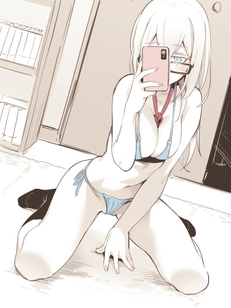 1girl asutora asutora-chan between_breasts bikini black-framed_eyewear blue_bikini blue_eyes blush breasts cellphone eyebrows_visible_through_hair fingernails glasses holding holding_phone indoors kneeling long_hair medium_breasts necktie necktie_between_breasts original phone red_neckwear self_shot socks solo swimsuit white_hair