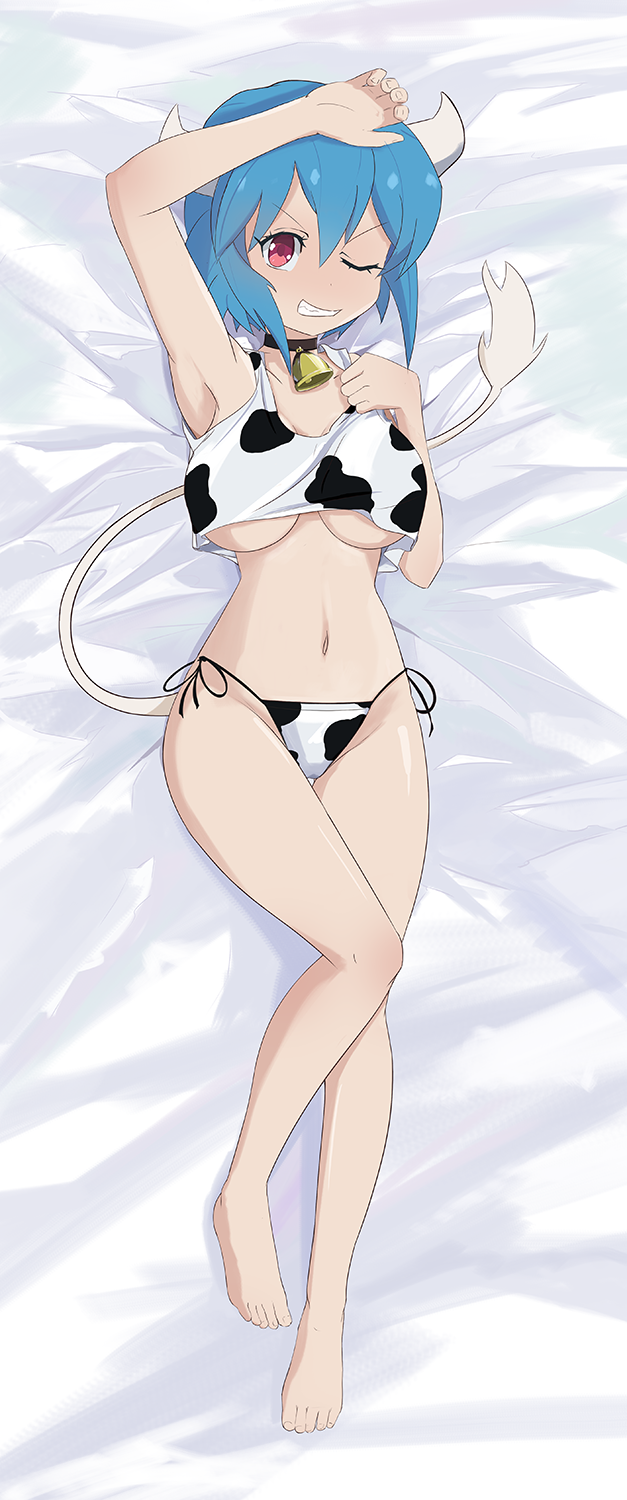 1girl animal_print arm_above_head armpits artist_request bed bell bell_collar blue_hair blush breasts collar cow_girl cow_horns cow_print cow_tail eyebrows_visible_through_hair highres horns jashin-chan_dropkick large_breasts looking_at_viewer lying minos_(jashin-chan_dropkick) navel on_back on_bed one_eye_closed panties parted_lips red_eyes shiny shiny_hair short_hair side-tie_panties smile solo source_request tail teeth under_boob underwear underwear_only