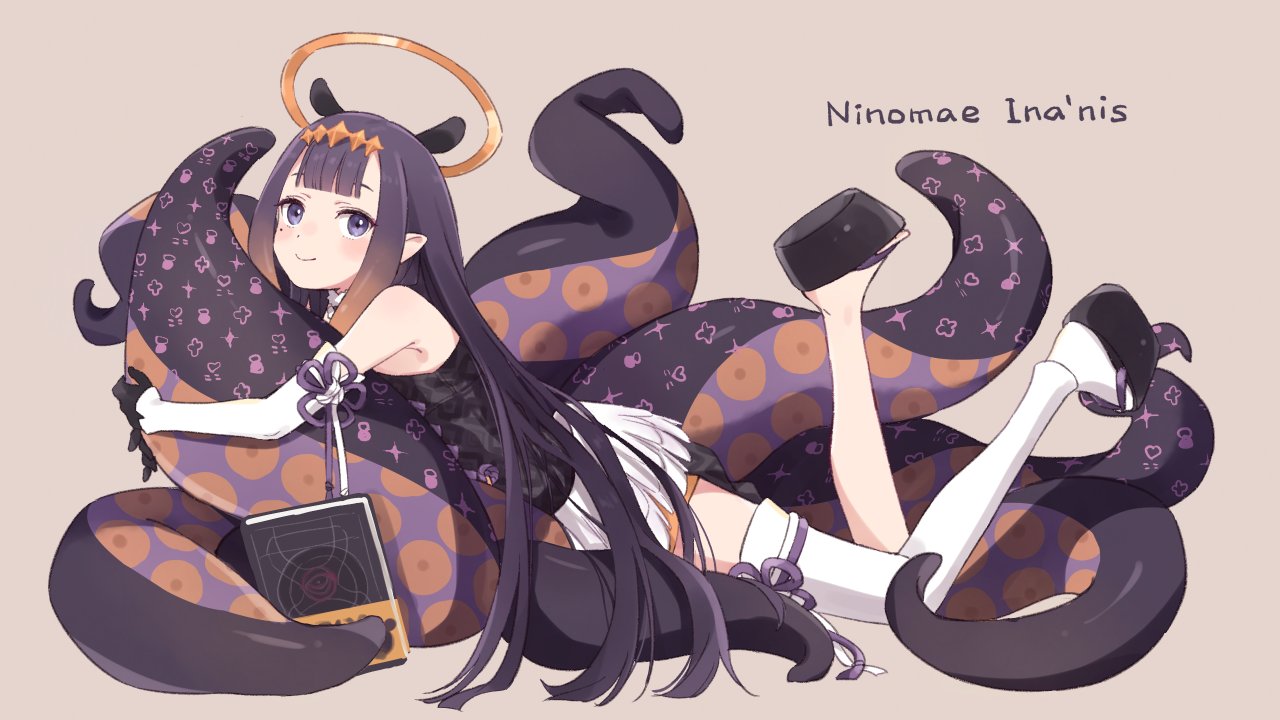 1girl bangs black_dress blunt_bangs book demirinz dress english_text full_body gloves halo hololive hololive_english holomyth long_hair looking_at_viewer mole ninomae_ina'nis pointy_ears purple_hair sidelocks smile solo tentacle_hair tentacles thigh-highs virtual_youtuber