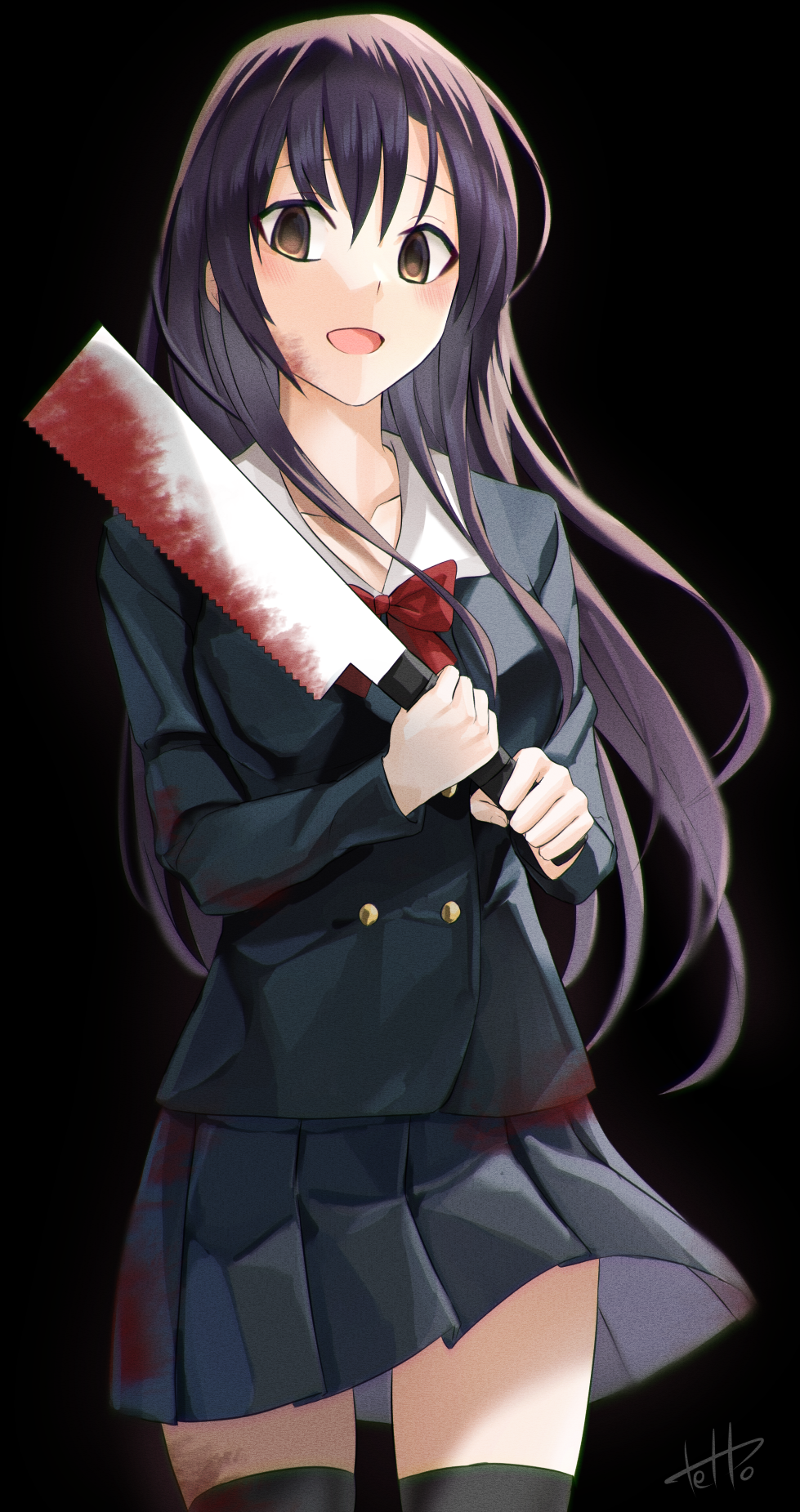 1girl :d bangs black_background black_jacket black_legwear black_skirt blood blood_on_face bow bowtie brown_eyes buta5813 cowboy_shot floating_hair hair_between_eyes highres holding holding_weapon jacket katsura_kotonoha long_hair long_sleeves looking_at_viewer miniskirt open_mouth pleated_skirt purple_hair red_bow red_neckwear school_days school_uniform signature simple_background skirt smile solo standing thigh-highs very_long_hair weapon yandere zettai_ryouiki