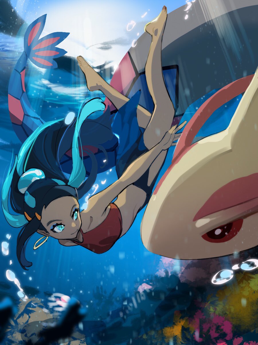 1girl aqua_eyes aqua_hair barefoot black_hair blue_eyeshadow bubble closed_mouth commentary_request dark_skin earrings eyelashes eyeshadow floating_hair gen_3_pokemon gold_earrings hair_bun highres hoop_earrings jewelry light_beam long_hair looking_to_the_side makeup milotic multicolored_hair nessa_(pokemon) nima_(niru54) pokemon pokemon:_twilight_wings pokemon_(creature) pokemon_(game) pokemon_swsh smile swimming toes two-tone_hair underwater