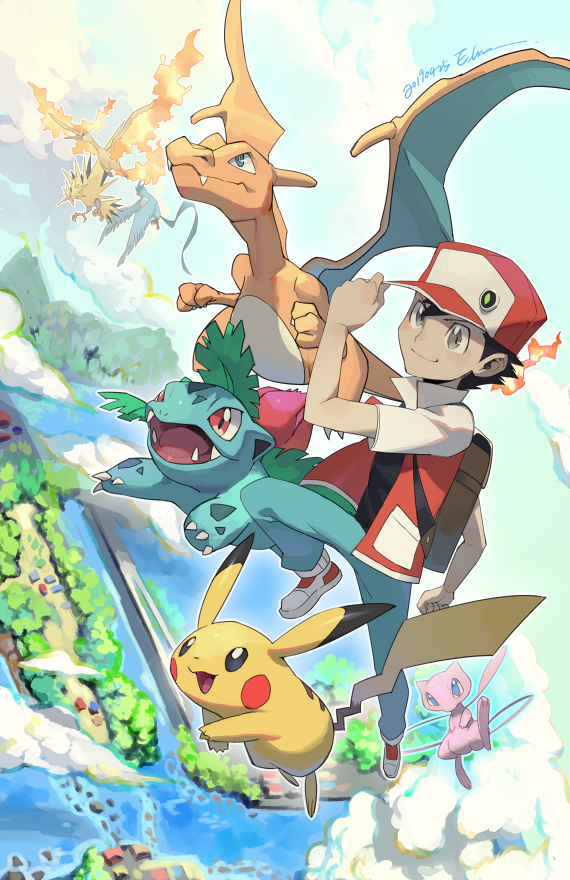 above_clouds articuno backpack bag bangs baseball_cap black_hair charizard closed_mouth clouds commentary dated day ege_(597100016) flying gen_1_pokemon grey_eyes hand_up hat ivysaur jacket legendary_pokemon mew moltres mythical_pokemon outdoors pants pikachu pokemon pokemon_(creature) pokemon_(game) pokemon_rgby red_(pokemon) shoes short_sleeves smile water watermark zapdos