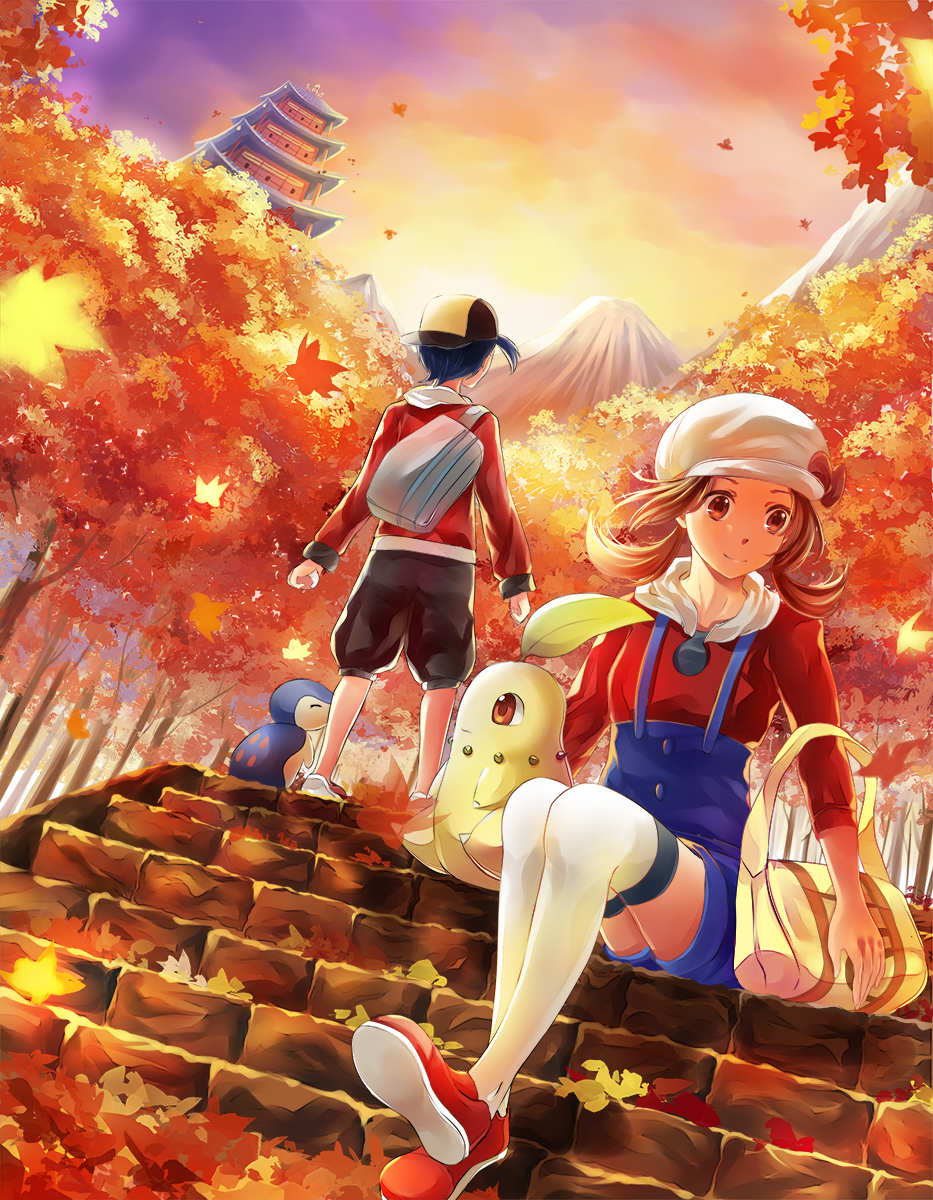 1boy 1girl autumn_leaves brown_eyes brown_hair building chikorita closed_mouth commentary cyndaquil english_commentary ethan_(pokemon) gen_2_pokemon hat highres illycia knees_together long_sleeves lyra_(pokemon) mountain outdoors overalls pokemon pokemon_(creature) pokemon_(game) pokemon_hgss red_footwear shoes sitting sleeves_past_elbows stairs thigh-highs tower tree twintails white_headwear white_legwear