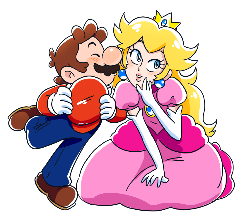 1boy 1girl blonde_hair blue_eyes boots brown_hair cheek_kiss closed_eyes crown drawloverlala dress earrings elbow_gloves full_body gem gloves hand_on_own_chin hand_on_own_knee hat hat_removed headwear_removed hetero jewelry kiss kneeling looking_to_the_side mario nintendo overalls pink_dress princess_peach red_shirt shirt shoulder_pads simple_background super_mario_bros. white_background white_gloves
