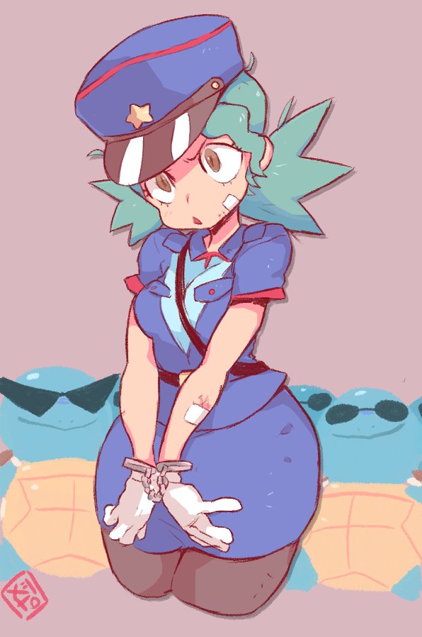 1girl aqua_hair bandages belt black_legwear blue_headwear blue_shirt blue_skirt blush breasts brown_eyes closed_mouth commentary cropped_legs cuffs gen_1_pokemon gloves hair_tie handcuffs happy hat jenny_(pokemon) jpeg_artifacts light_blush medium_breasts miniskirt open_mouth pantyhose pencil_skirt pokemon pokemon_(anime) pokemon_(classic_anime) pokemon_(creature) police police_hat police_uniform policewoman shirt short_hair short_sleeves simple_background skirt smile solo_focus squirtle standing star_(symbol) starmilk sunglasses symbol_commentary tied_hair uniform white_gloves