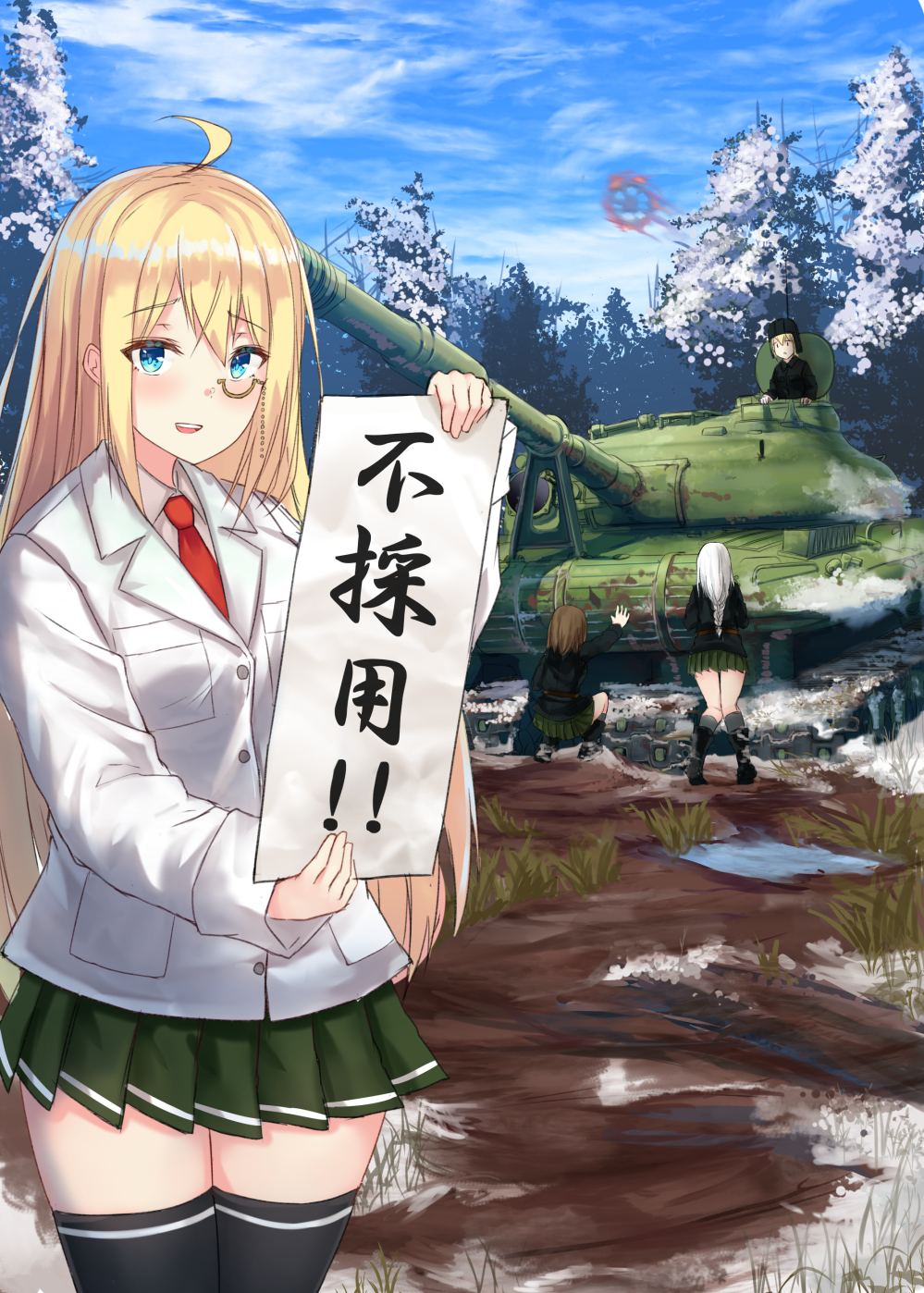 4girls ahoge blonde_hair blue_eyes breasts caterpillar_tracks clouds day forest ground_vehicle highres karo-chan long_hair military military_vehicle monocle motor_vehicle multiple_girls nature necktie object_279 original short_hair skirt sky smile snow tank tank_helmet thigh-highs translation_request tree white_hair