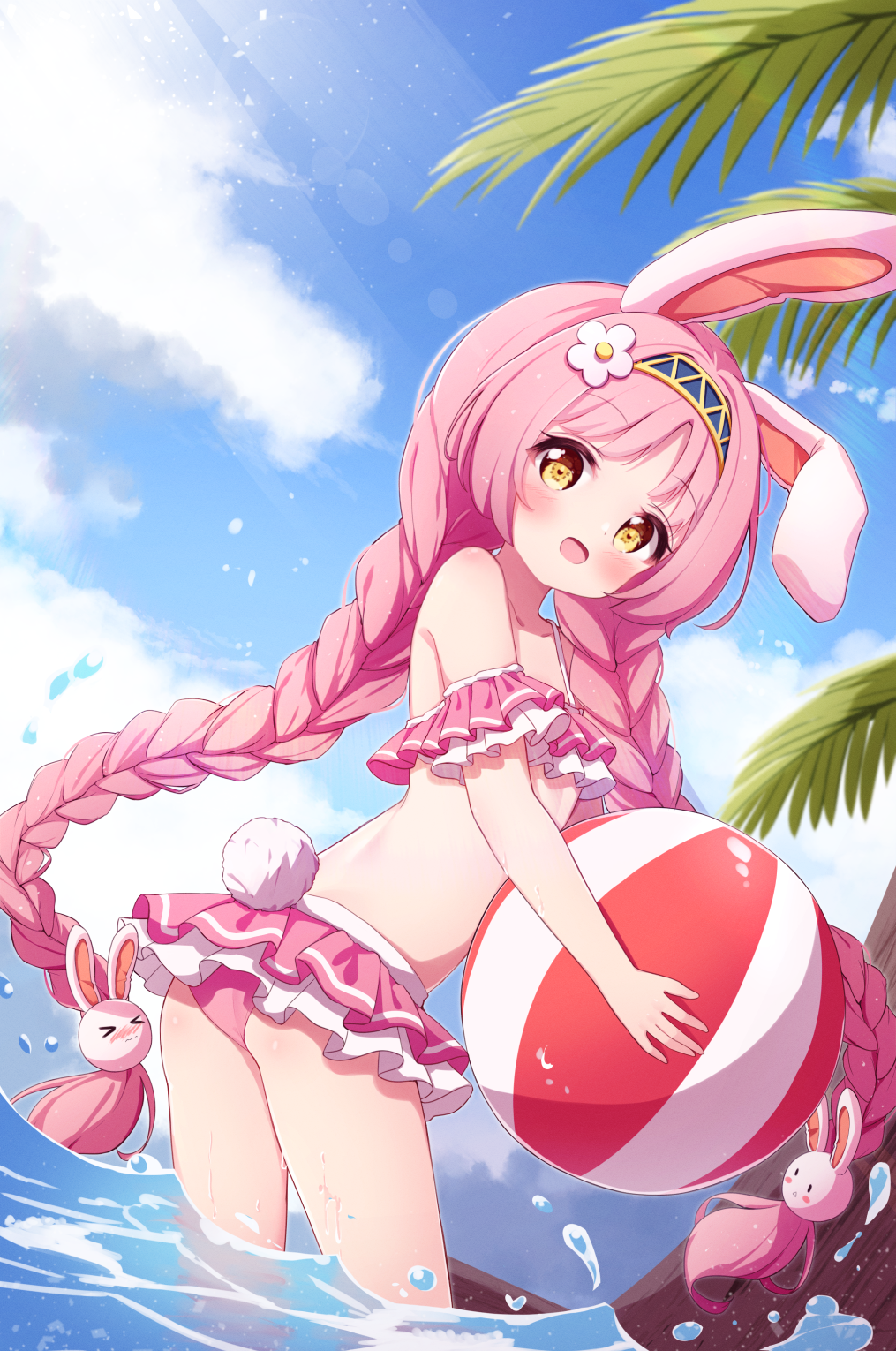 1girl :d animal_ears ass ball bangs bare_shoulders beachball bikini blue_hairband blue_sky blush braid brown_eyes bunny_girl bunny_hair_ornament bunny_tail clouds day eyebrows_visible_through_hair flower hair_flower hair_ornament hairband highres holding holding_ball long_hair looking_at_viewer looking_back mimi_(princess_connect!) nose_blush open_mouth outdoors palm_tree pink_bikini princess_connect! princess_connect!_re:dive rabbit_ears setmen sky smile solo standing swimsuit tail tree twin_braids twintails very_long_hair water white_flower