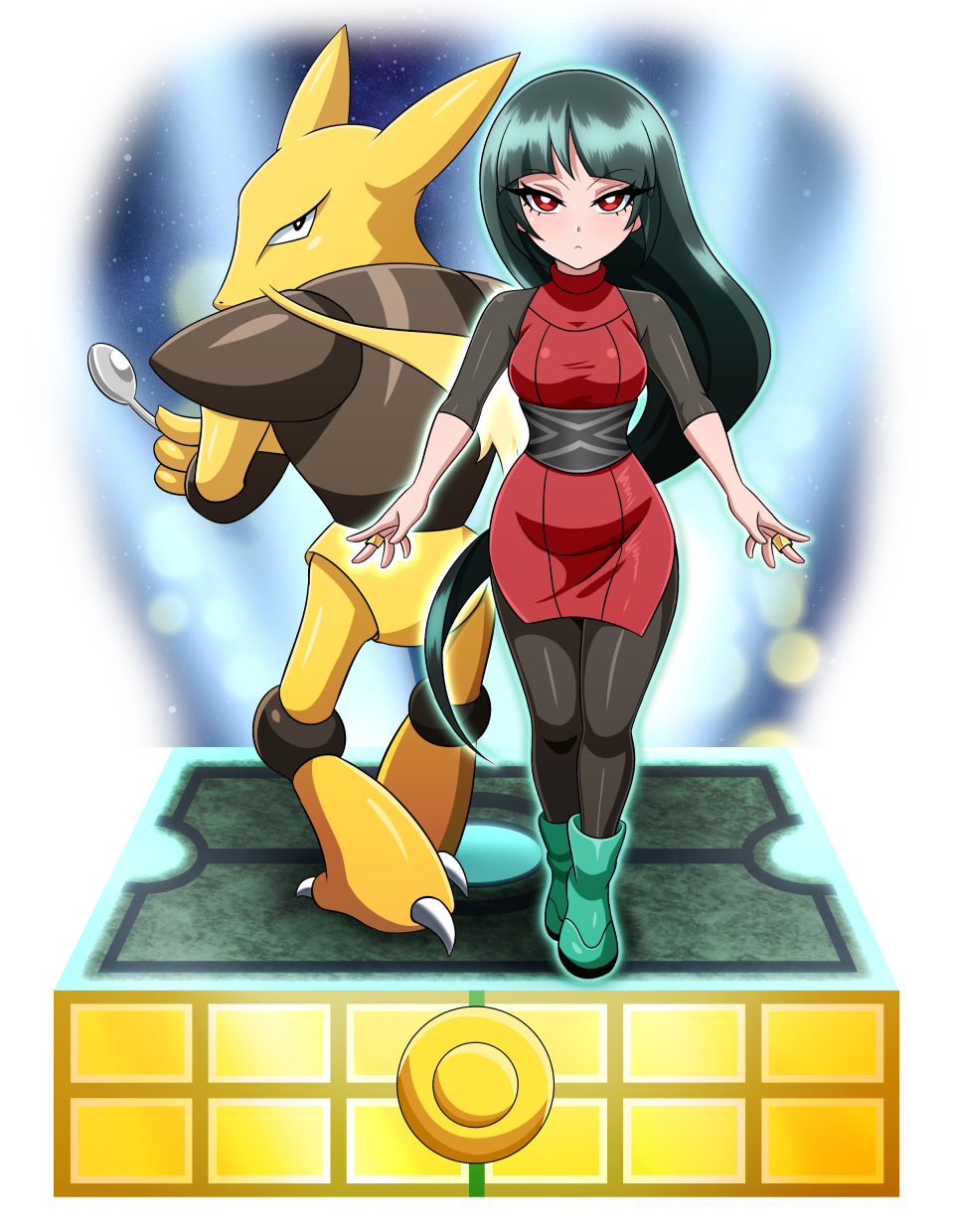 1girl alakazam black_hair breasts closed_mouth dress gen_1_pokemon gym_leader highres long_hair looking_at_viewer pantyhose pokemon pokemon_(creature) pokemon_(game) pokemon_rgby red_eyes sabrina_(pokemon) very_long_hair yensh