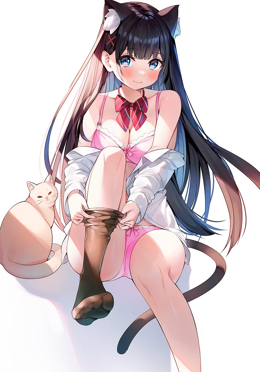 1girl animal animal_ear_fluff animal_ears ass ayamy bare_shoulders black_hair black_legwear blue_eyes bow bowtie bra cat cat_ears cat_tail hair_ornament highres knee_up long_hair looking_at_viewer miyawaki_sana off_shoulder open_clothes open_shirt original panties pink_bra pink_panties shirt simple_background smile solo tail underwear very_long_hair white_background white_shirt x_hair_ornament